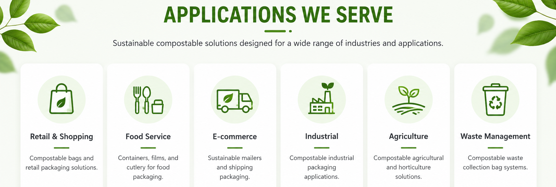 Compostable solutions for retail, food service, e-commerce, healthcare, hospitality, aviation, waste management, agriculture, corporate offices, religious institutions, and industrial sectors.