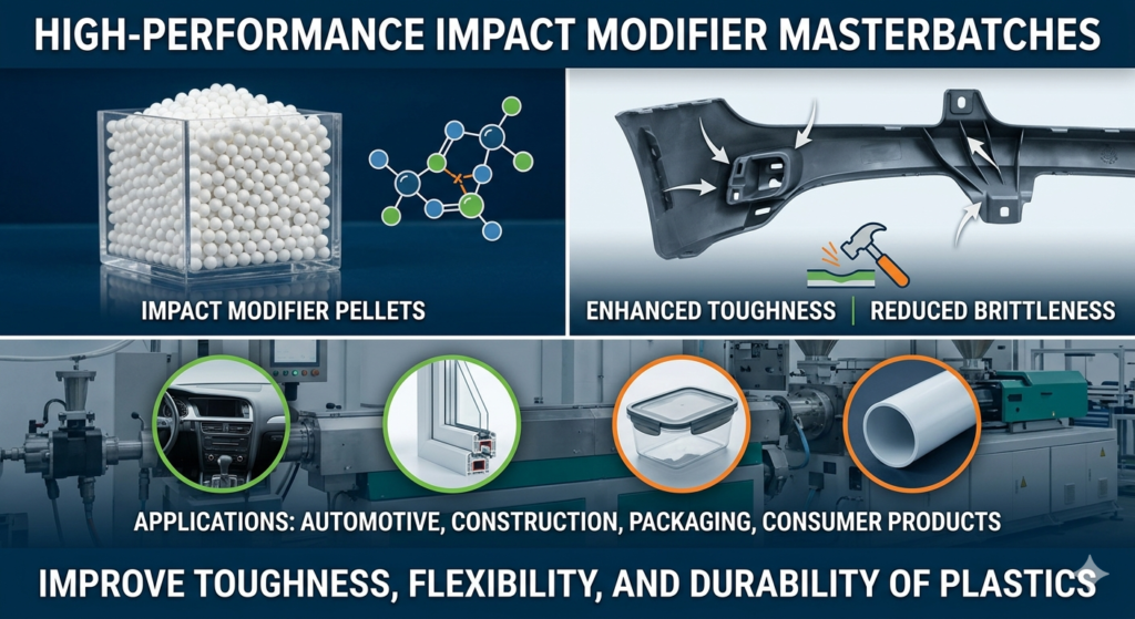 Impact modifiers are specialty additives designed to improve the toughness, flexibility, and durability of plastic materials. They enhance the ability of polymers to absorb and withstand impact forces, reducing brittleness and minimizing cracking or breakage, particularly in low-temperature environments.