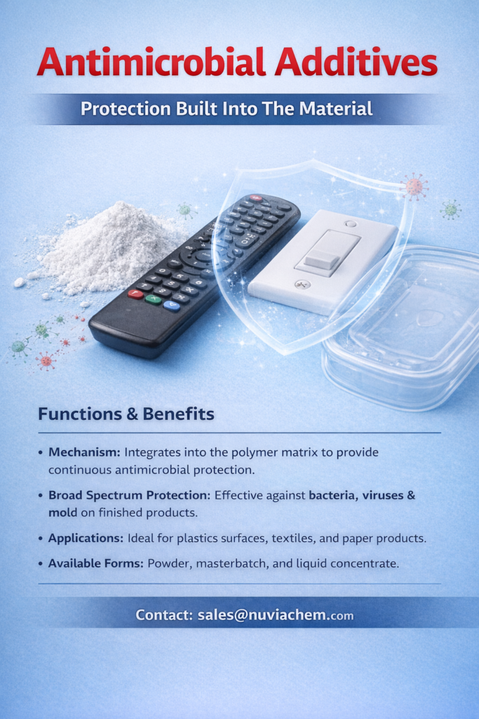 Nuviachem Antimicrobial Additives deliver long-lasting broad spectrum protection against bacteria, viruses and mold for plastics, textiles and paper applications