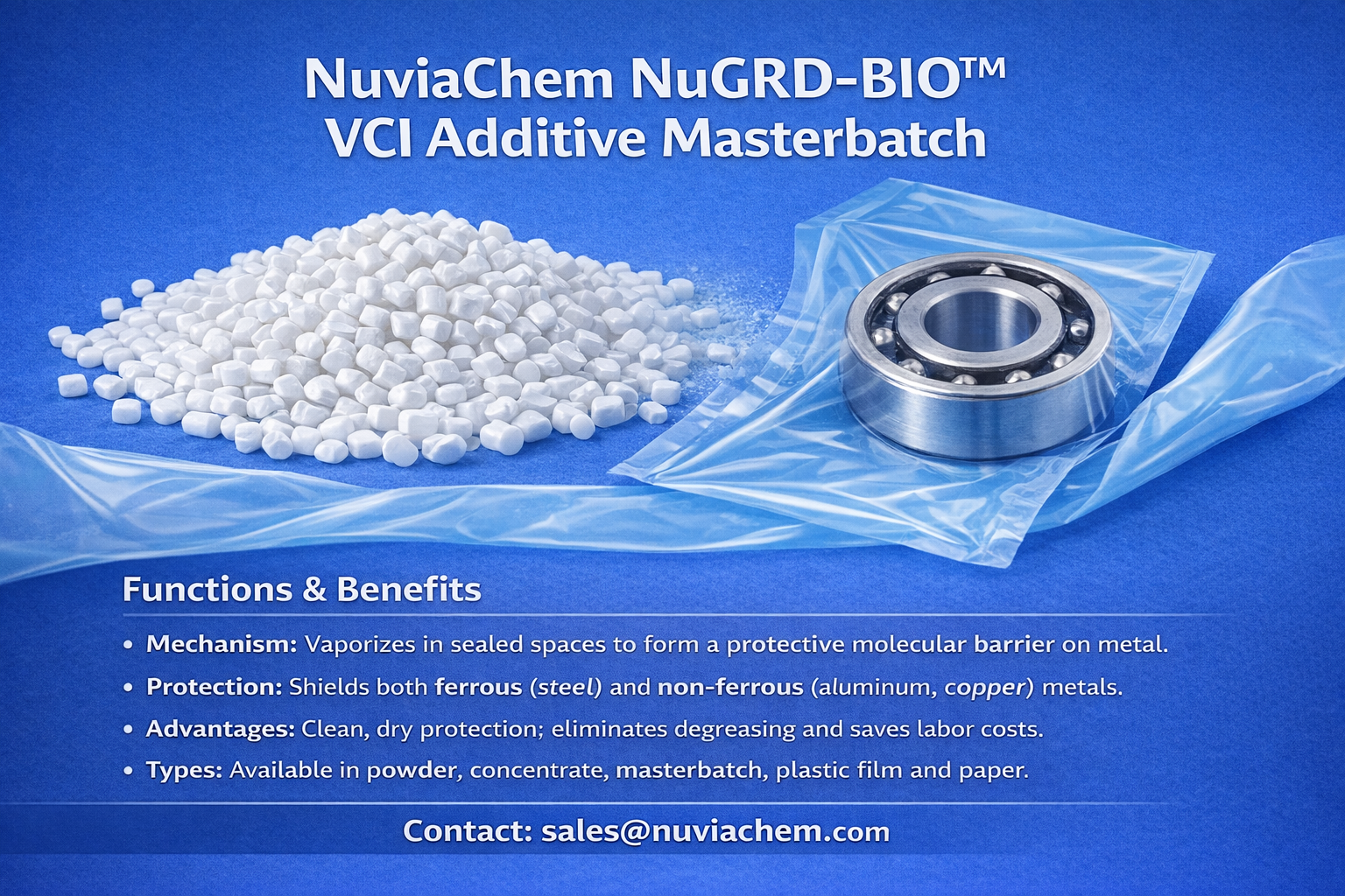 NuviaChem's NuGRD-BIO™ VCI Additive is explicitly engineered to survive polymer extrusion and film blowing processes without thermal degradation, ensuring the VCI chemistry remains fully active in the final film.