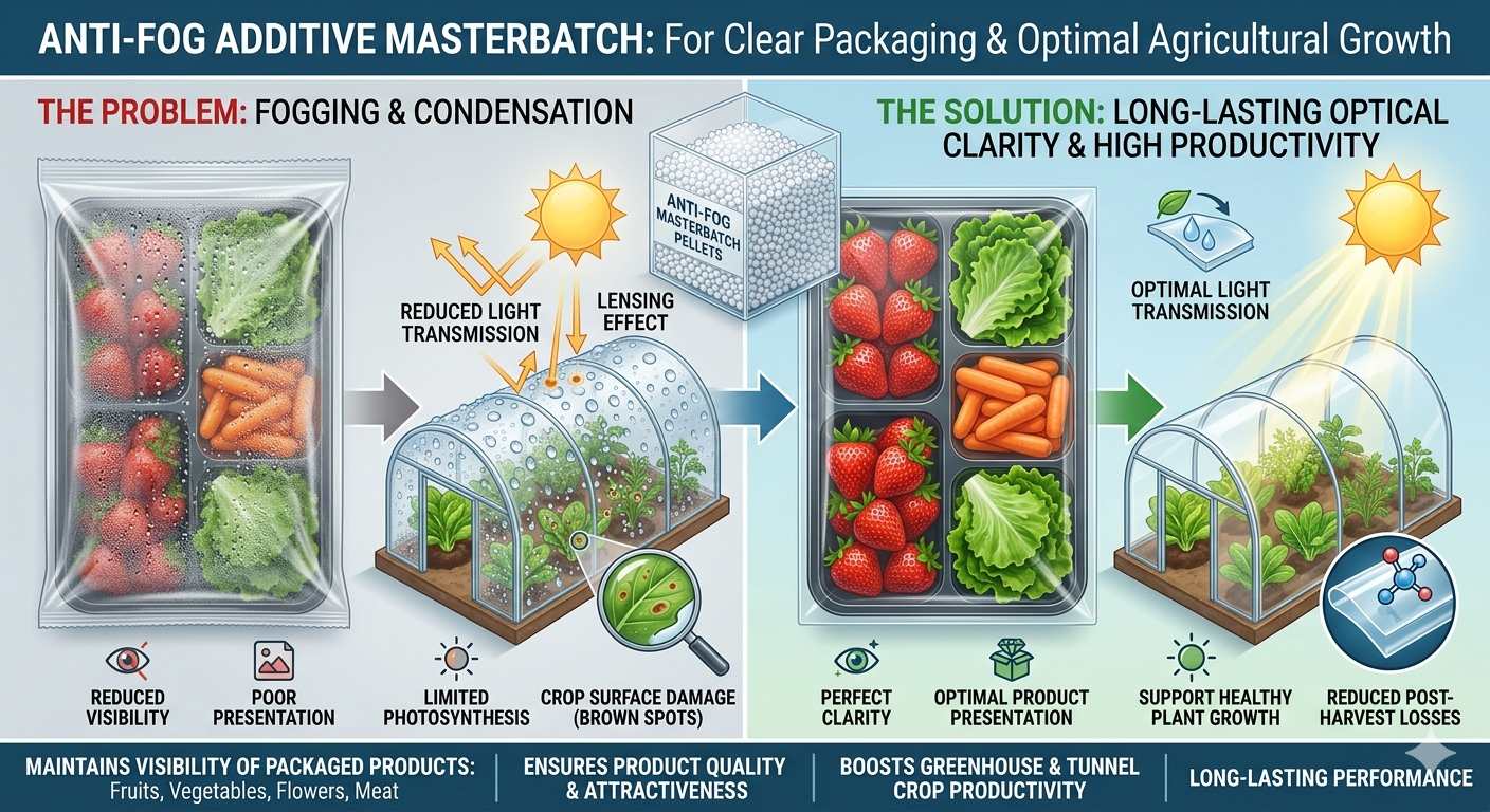Our Anti-fog additive masterbatch prevents droplet formation and maintains long-lasting optical clarity. It keeps packaging films clear, ensures optimal light transmission in greenhouse and tunnel applications, and supports healthy plant growth while protecting product quality and reducing post-harvest losses.