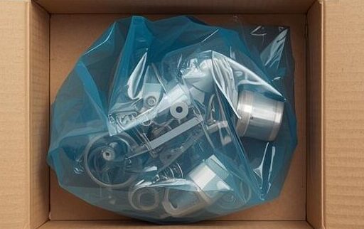 Metal machine parts wrapped in transparent blue VCI plastic film with NuviaChem's Anti-Corrosion Additive protecting against rust and oxidation during storage