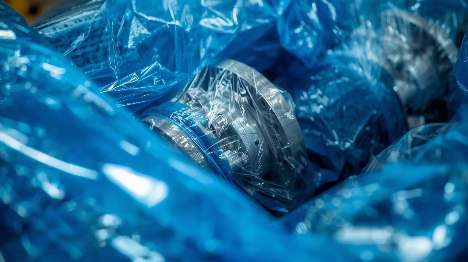 Metal machine parts wrapped in transparent blue VCI plastic film with NuviaChem's Anti-Corrosion Additive protecting against rust and oxidation during storage