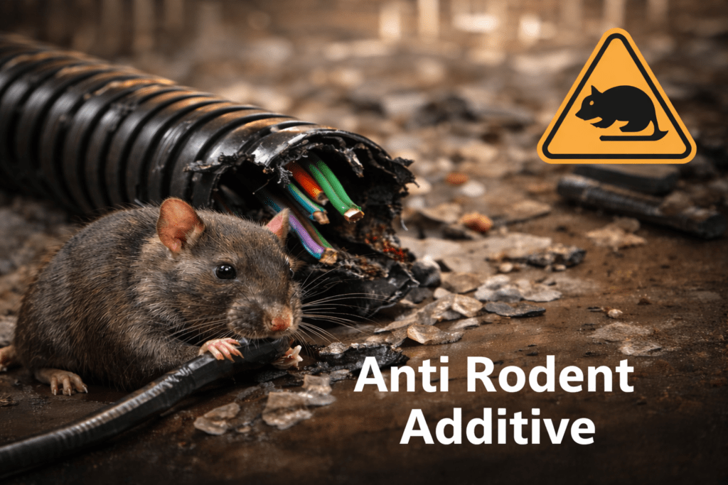 NuviaChem Anti Rodent Additive Masterbatch protects plastic products from rats damaging electrical cables, irrigation pipes, and packaging