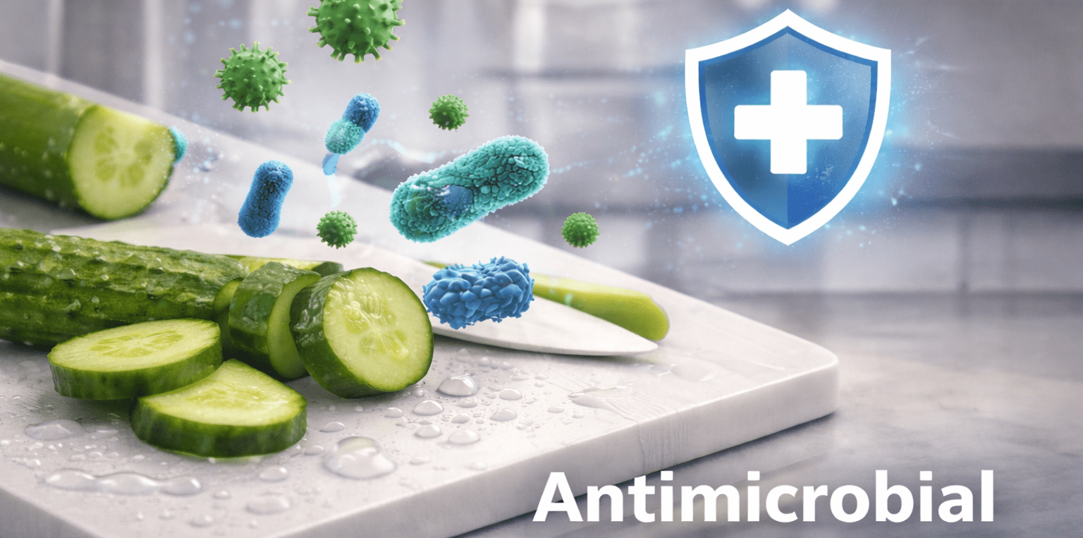 Bacteria and virus on kitchen plastic cutting board with cucumber slices—problems prevented by NuviaChem's Antimicrobial Additive for food-safe plastics