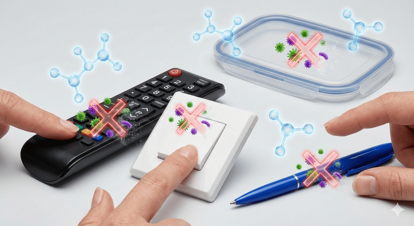 TV remote control, electrical light switch, and food container lid made with NuviaChem's Antimicrobial Additive for continuous protection against bacteria and germs