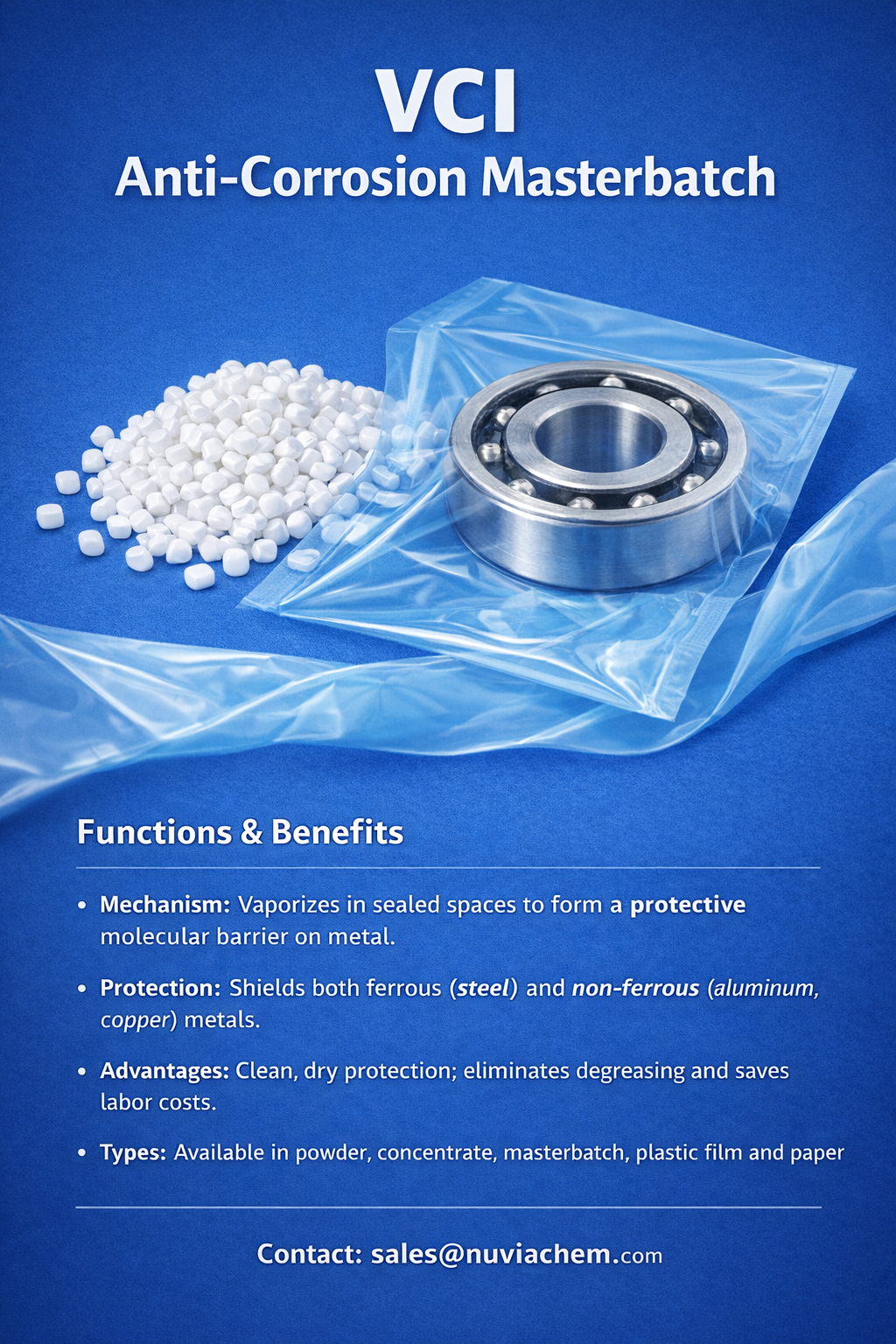 Nuviachem VCI Anti-Corrosion Additive Masterbatch delivers best-in-class corrosion protection when incorporated into plastic film and bags, effectively shielding both ferrous and non-ferrous metals from rust and oxidation.