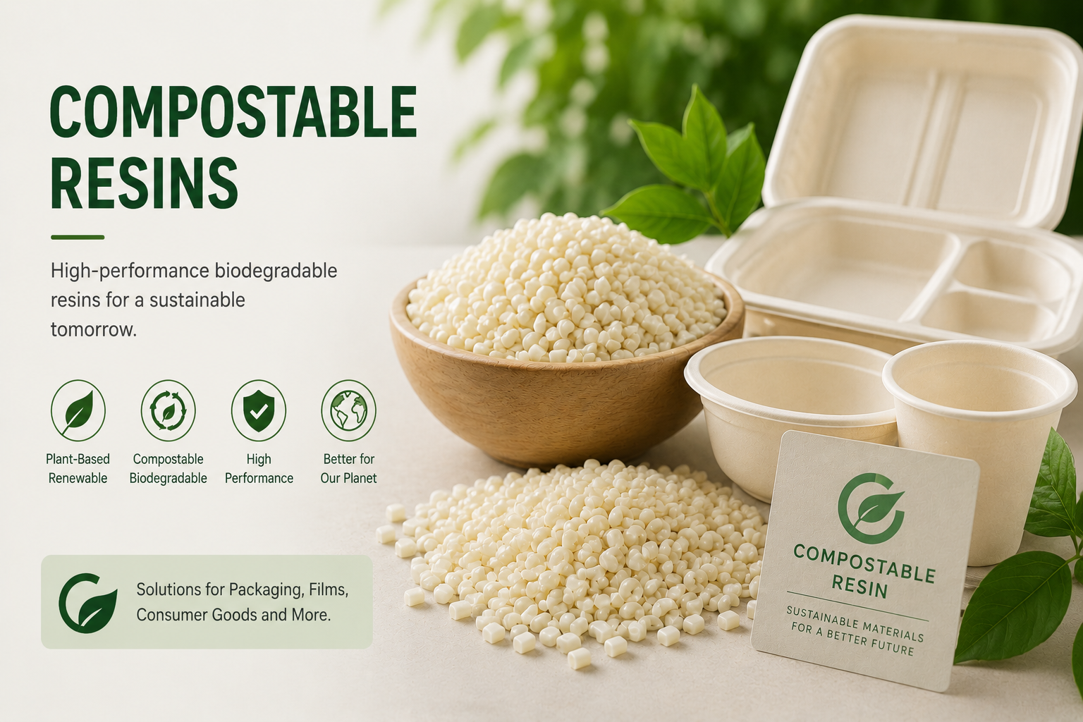 Compostable resins for blown film, injection molding, thermoforming, and extrusion paper coating — sustainable drop‑in replacements for traditional plastics.