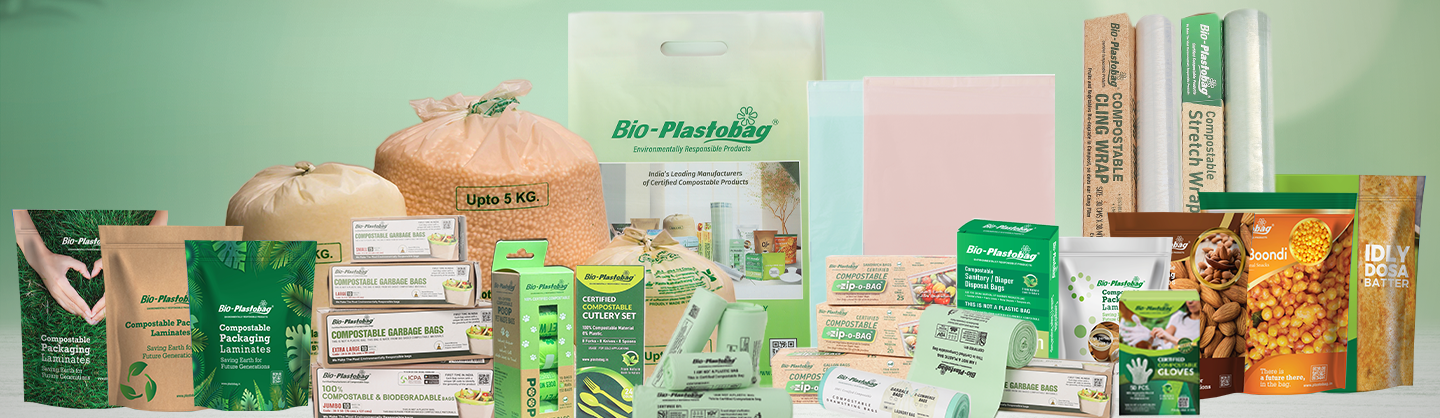 Compostable bags, films, cutlery, thermoformed packaging, cups, lids, clamshells, disposable gloves, and flexible packaging — designed for modern sustainable packaging needs.
