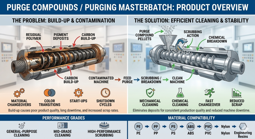 Purge compounds are specialized cleaning materials designed to remove residual polymers, pigments, carbon deposits, and contaminants from plastic processing equipment such as injection molding machines, extruders, blow molding systems, and hot runners.
