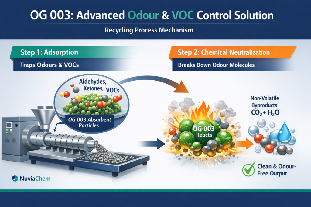 Nuviachem odor removal additive-Remove unpleasant odours from recycled PP and PE plastics with an advanced additive designed to absorb and neutralize VOCs during processing.