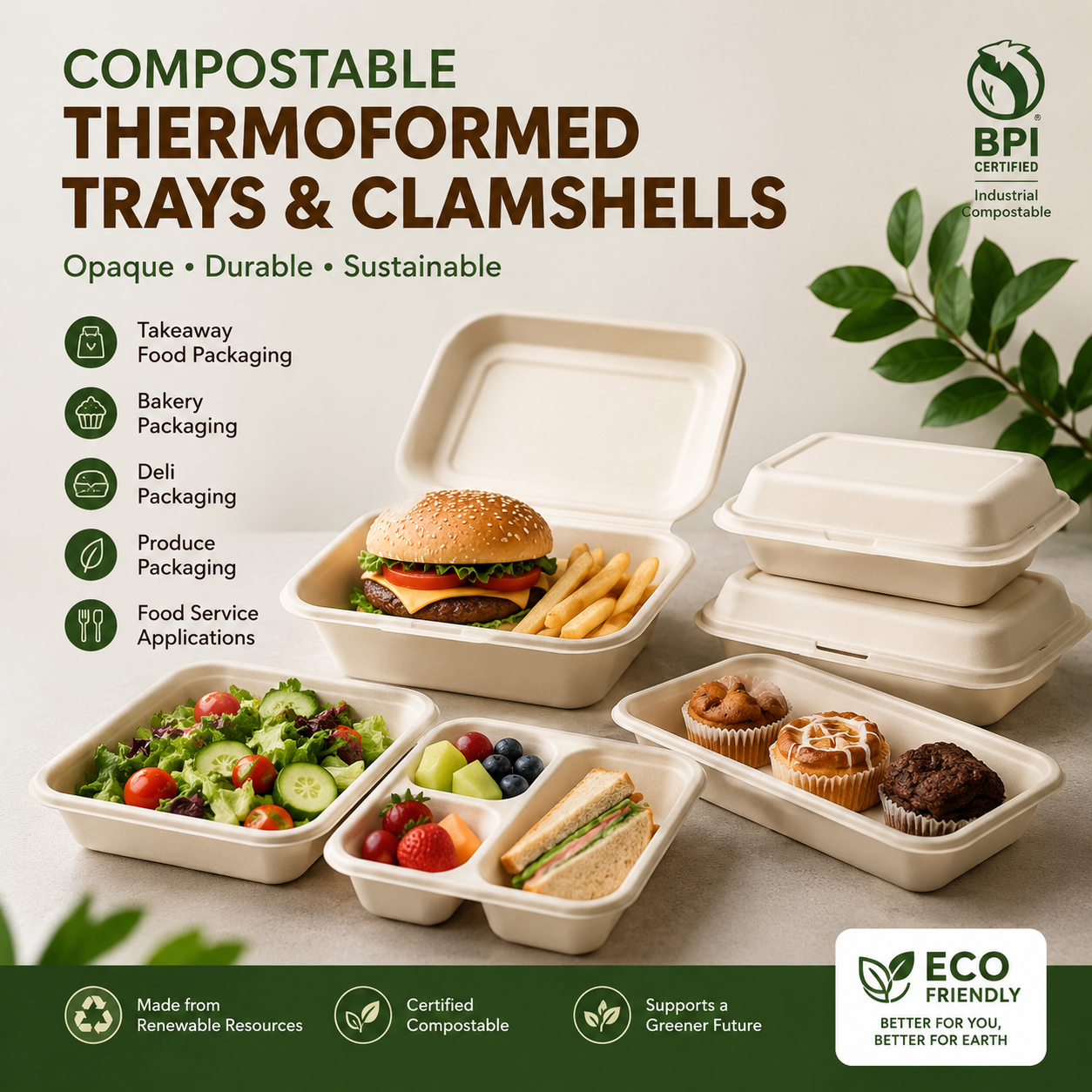 Compostable thermoformed trays and clamshells — opaque, durable packaging for takeaway food, bakery, deli, produce, and food service applications.