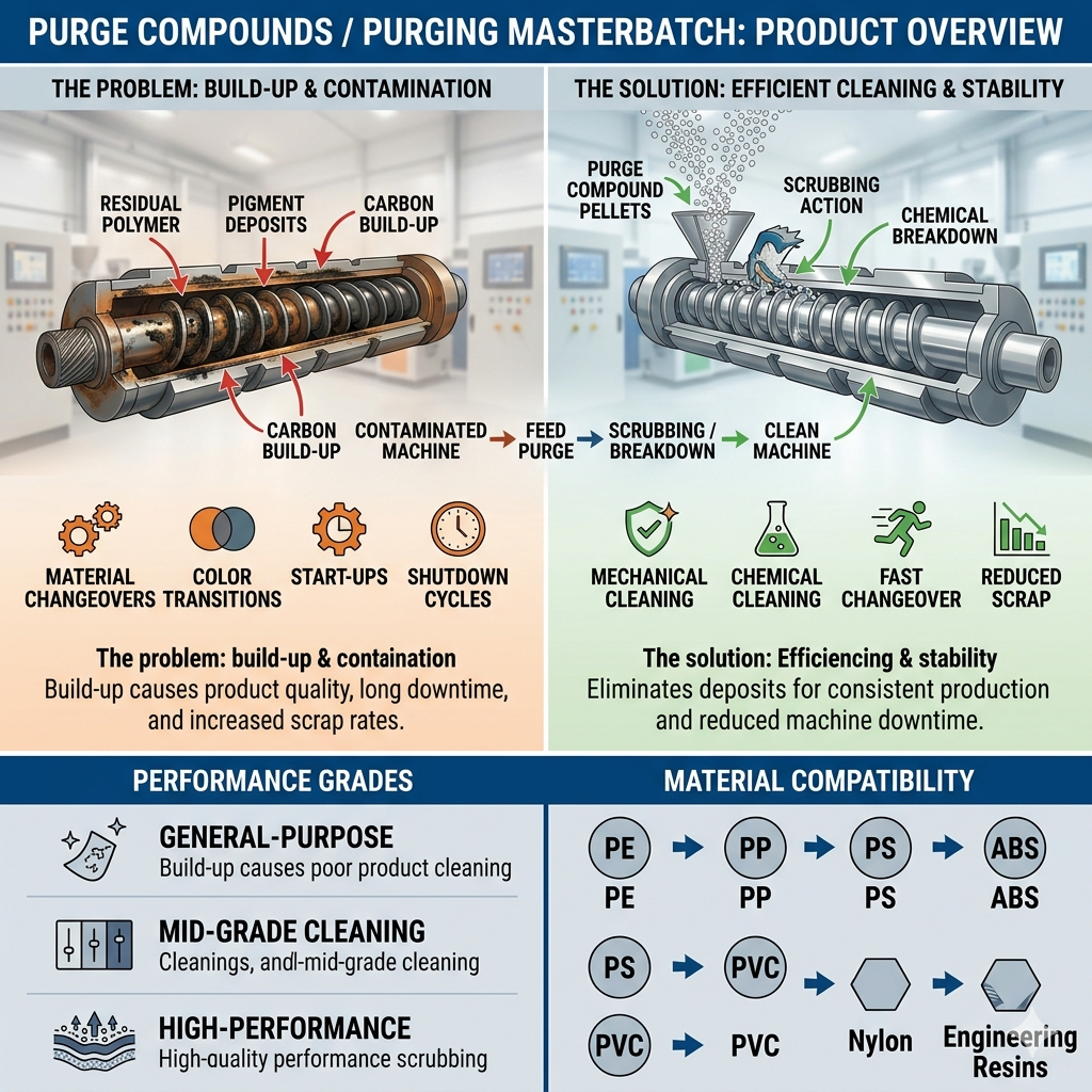 Purge Compounds and Purging Masterbatch are specialized cleaning materials designed to remove residual polymers, pigments, carbon deposits, and contaminants from plastic processing equipment such as injection molding machines, extruders, blow molding systems, and hot runners.