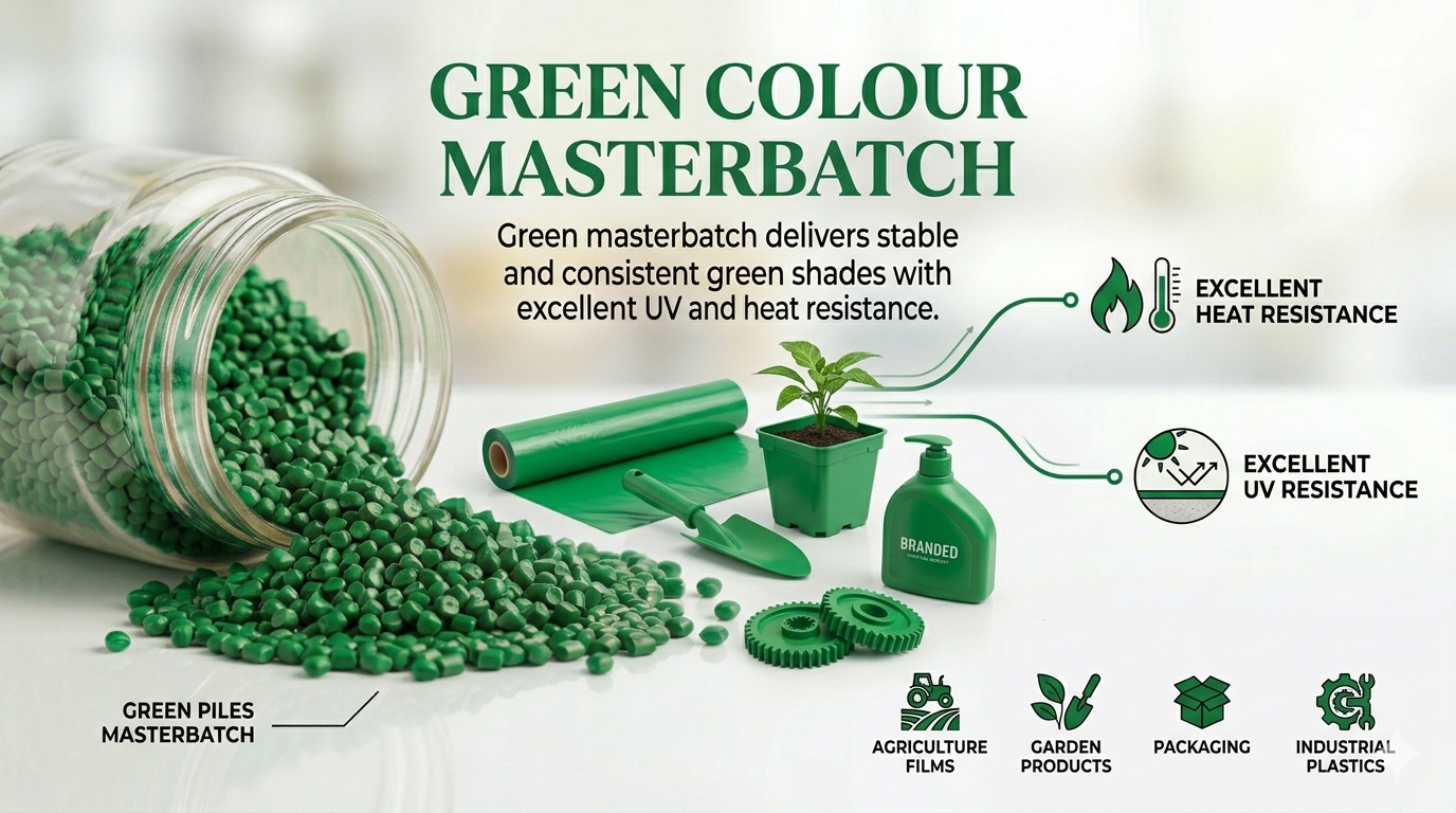 Our Green Colour Masterbatch is formulated to provide vibrant, stable, and consistent green shades with excellent pigment dispersion and colour strength. Manufactured using high-quality pigments and advanced carrier systems, it ensures uniform colouring and reliable processing performance across a wide range of plastic applications.