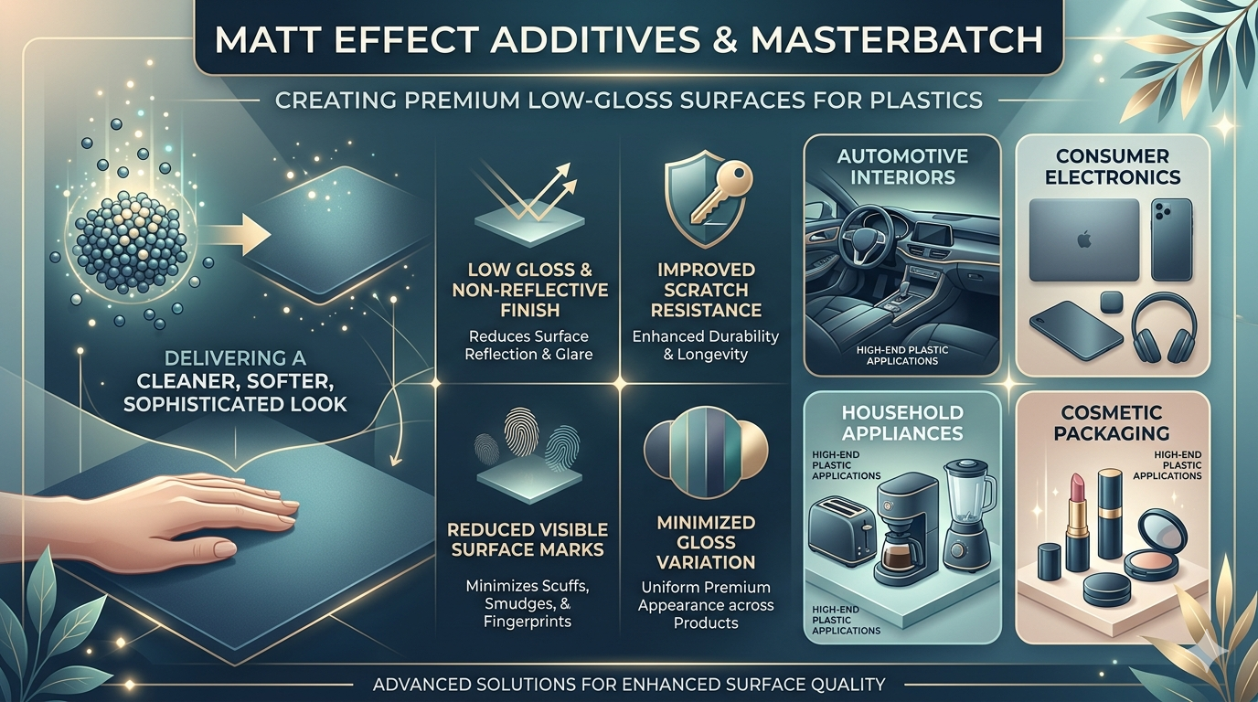 Matt effect additives are specialty additives designed to create low-gloss, non-reflective surfaces in plastic products while enhancing surface appearance and durability. They provide a premium matt finish that delivers a cleaner, softer, and more sophisticated visual effect compared to traditional glossy plastics.