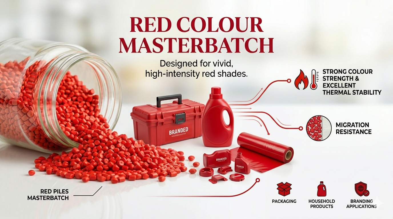 Our Red Colour Masterbatch is engineered to produce vivid, high-intensity red shades with excellent colour consistency, brightness, and dispersion. Using premium-quality pigments and advanced processing technology, it delivers strong tinting strength and uniform colour distribution for a wide range of plastic applications.
