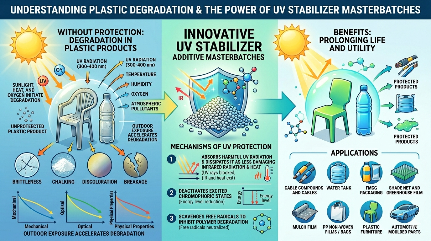 Our UV stabilizer masterbatches protect polymers through key mechanisms: Absorbing UV radiation and converting it into heat or infrared energy; Deactivating excited chromophores that drive degradation Scavenging free radicals to prevent chain breakdown.