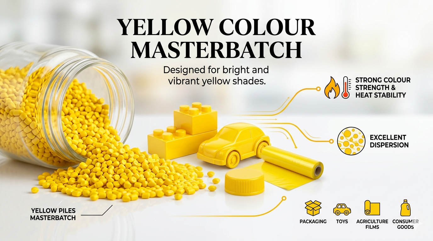 Our Yellow Colour Masterbatch is specially formulated to deliver bright, vibrant, and visually appealing yellow shades with excellent colour consistency and dispersion. Manufactured using high-quality pigments and advanced carrier resin technology, it provides strong tinting strength, uniform colour distribution, and outstanding processing performance across various plastic applications.