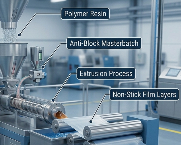 Anti-block agent or anti block masterbatch prevents unwanted adhesion between polymer film surfaces during winding, storage, or transportation.