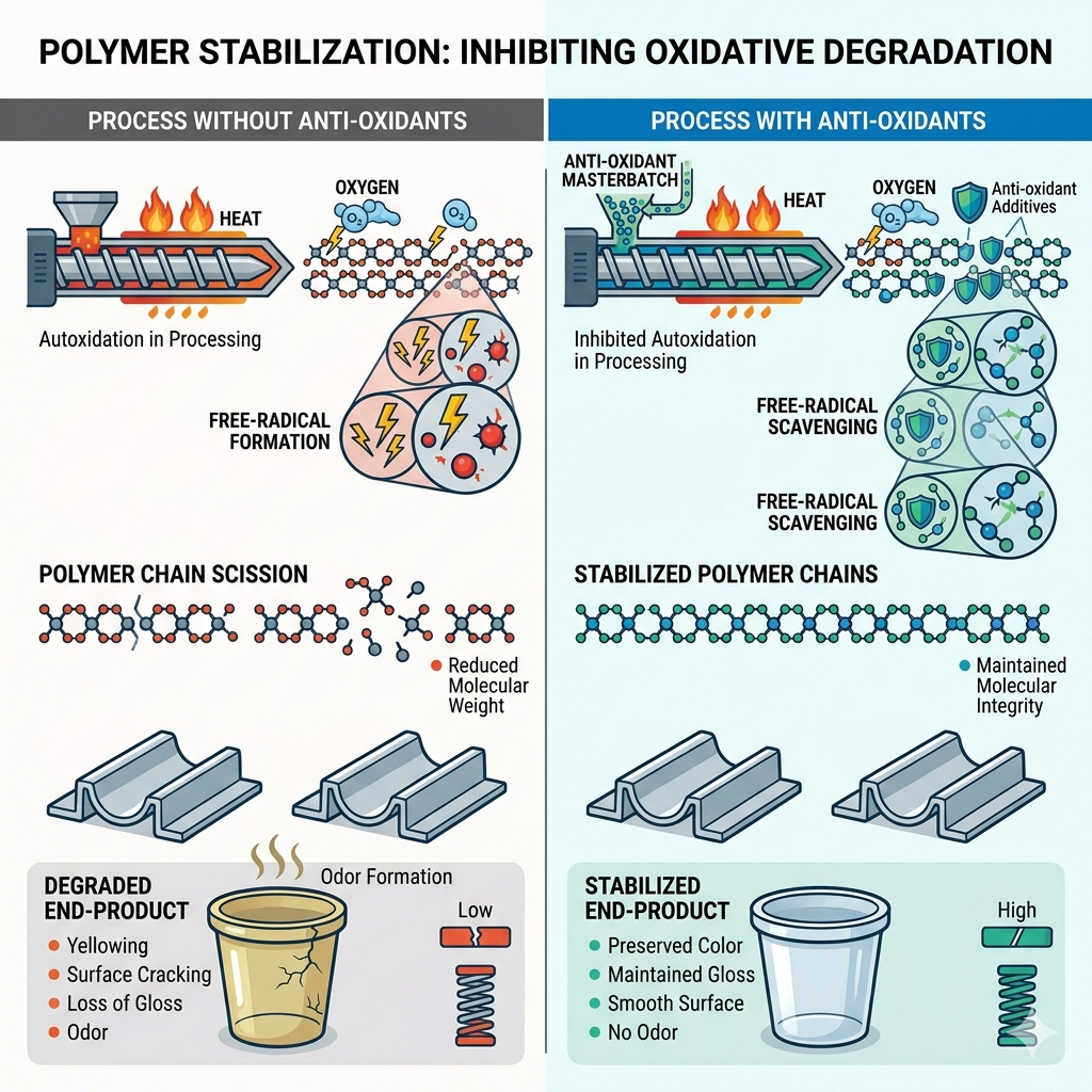 Anti-oxidant additives and masterbatches are designed to inhibit autoxidation by stabilizing polymers at the molecular level. They help preserve color, mechanical performance, and overall structural integrity during processing and long-term service life.