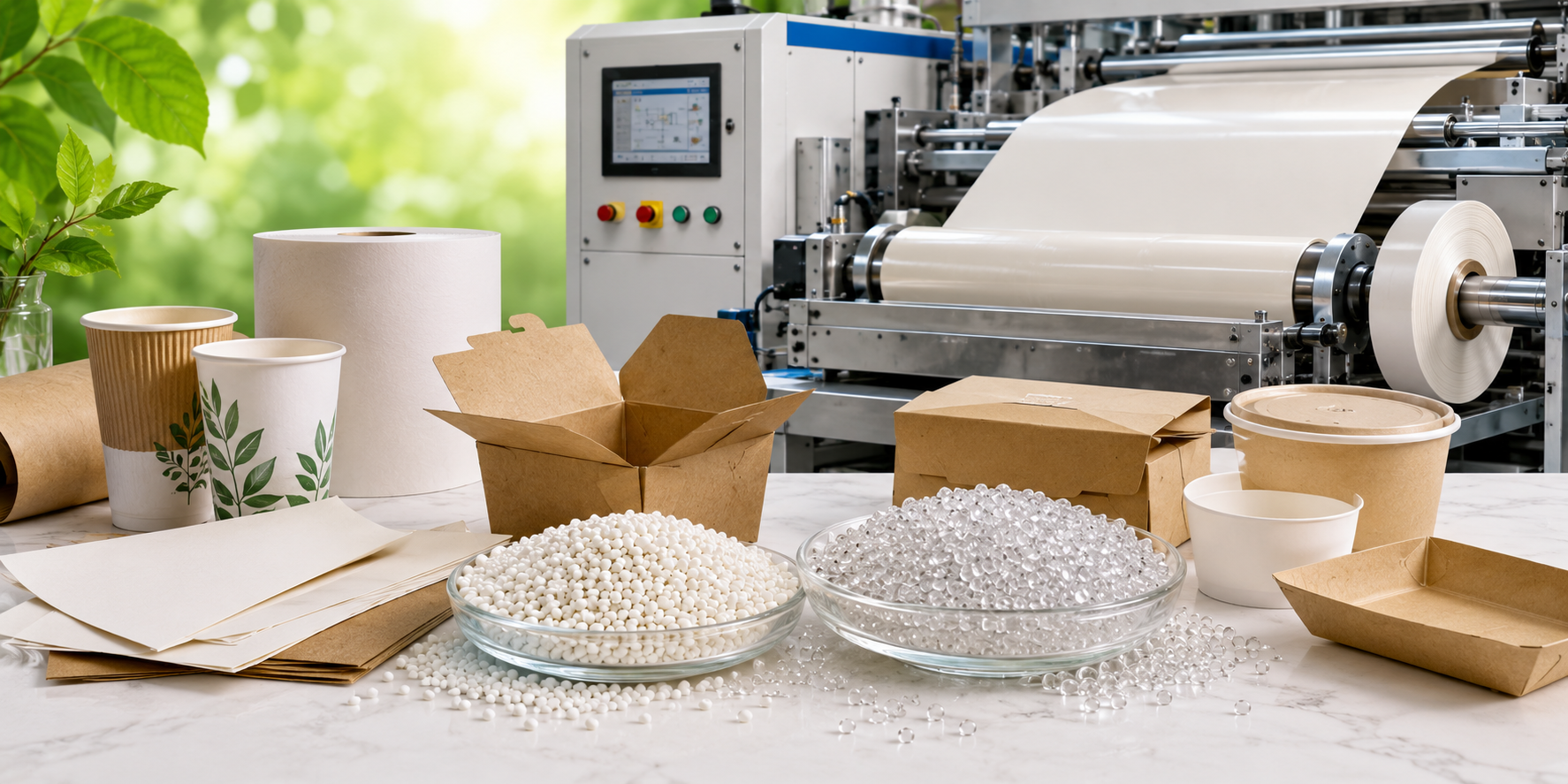 Compostable resin for extrusion paper coating — enables compostable coating for paper cups, food wraps, and cardboard packaging.