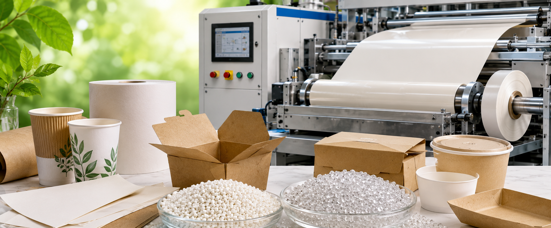 Compostable resin for extrusion paper coating — enables compostable coating for paper cups, food wraps, and cardboard packaging.