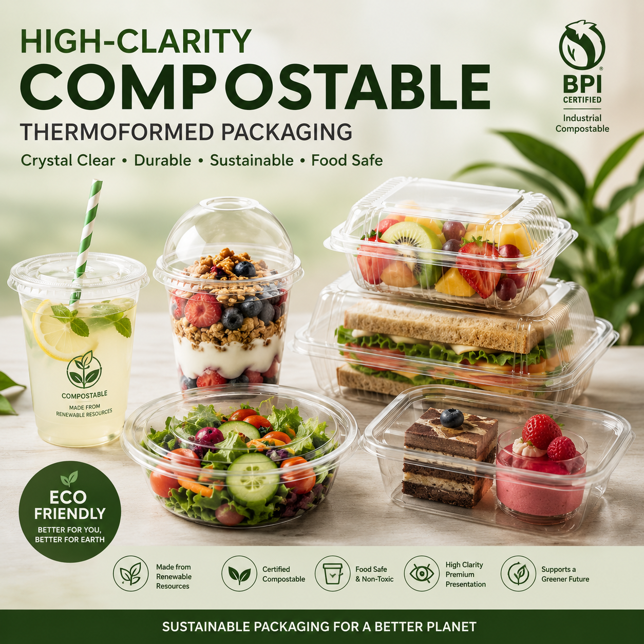 Compostable transparent cups, lids, trays, and clamshells — high-clarity packaging for cold beverages, salads, desserts, retail displays, and premium foods.