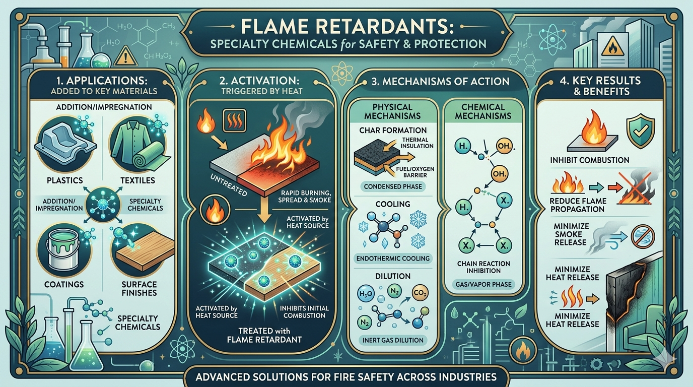 Flame retardants are specialty chemicals incorporated into plastics, textiles, coatings, and surface finishes. When exposed to a heat or ignition source, they activate through physical and chemical mechanisms that inhibit combustion, reduce flame propagation, and minimize smoke and heat release.