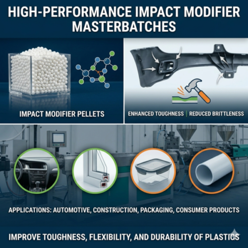 Impact modifiers are specialty additives designed to improve the toughness, flexibility, and durability of plastic materials. They enhance the ability of polymers to absorb and withstand impact forces, reducing brittleness and minimizing cracking or breakage, particularly in low-temperature environments.