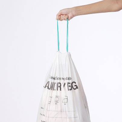 Compostable drawstring bags — convenient easy-closure design for waste collection, household, hospitality, and commercial packaging uses.