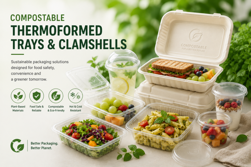 Our Compostable Thermoformed Products include: Trays – Rigid, food-safe bases for fresh produce, baked goods, and prepared meals. Clamshells – Hinged, snap-close containers perfect for salads, sandwiches, and sushi. Containers – Precision-molded designs for portioned foods and grab-and-go packaging.
