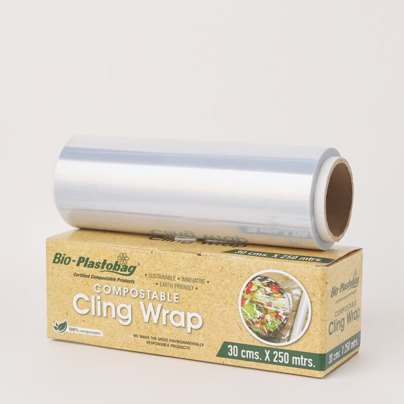 Compostable cling film — high-cling, transparent, and food-contact-safe for produce, deli trays, fresh foods, and prepared meals.