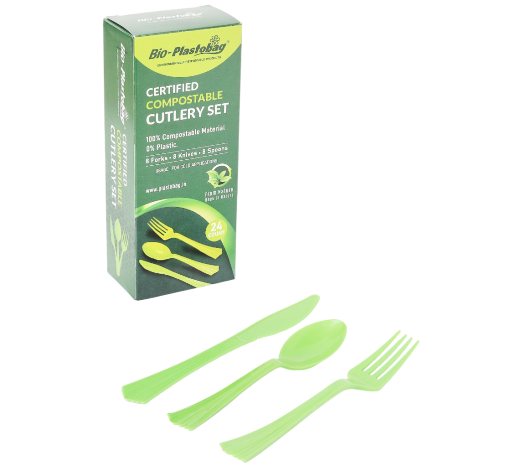 Compostable cutlery set: forks, spoons, and knives — sturdy, smooth, and serrated designs for salads, soups, and main courses.