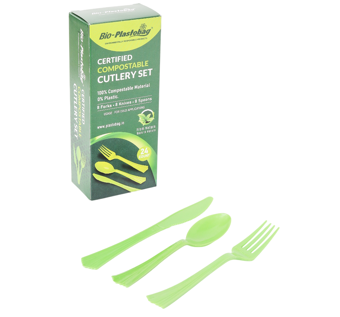 Compostable cutlery set: forks, spoons, and knives — sturdy, smooth, and serrated designs for salads, soups, and main courses.