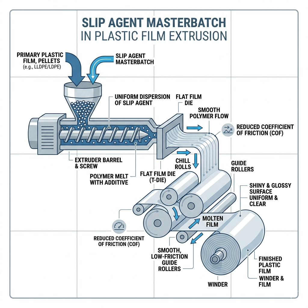 Slip agents are specifically designed to reduce surface friction and improve processing efficiency. Slip masterbatches enhance the processability of thermoplastic polymers by reducing friction during extrusion, improving mold release in injection molding, and minimizing surface defects.