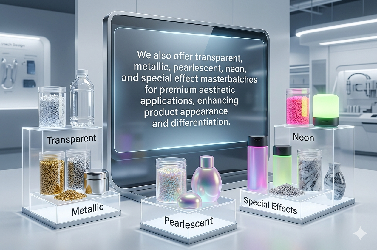 Our Transparent and Special Effect Masterbatches are designed to enhance the visual appeal and premium appearance of plastic products. These specialty masterbatches create unique aesthetic effects such as transparency, metallic shine, pearlescent finish, marble texture, glitter, speckle, fluorescent, and wood-effect appearances, helping products stand out in competitive markets.