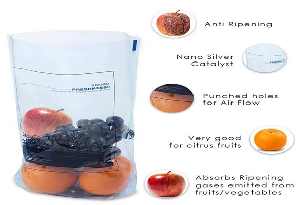 Ethylene-absorbing anti-ripening masterbatch additive pellets extending fruit and vegetable shelf life in commercial agricultural packaging film.