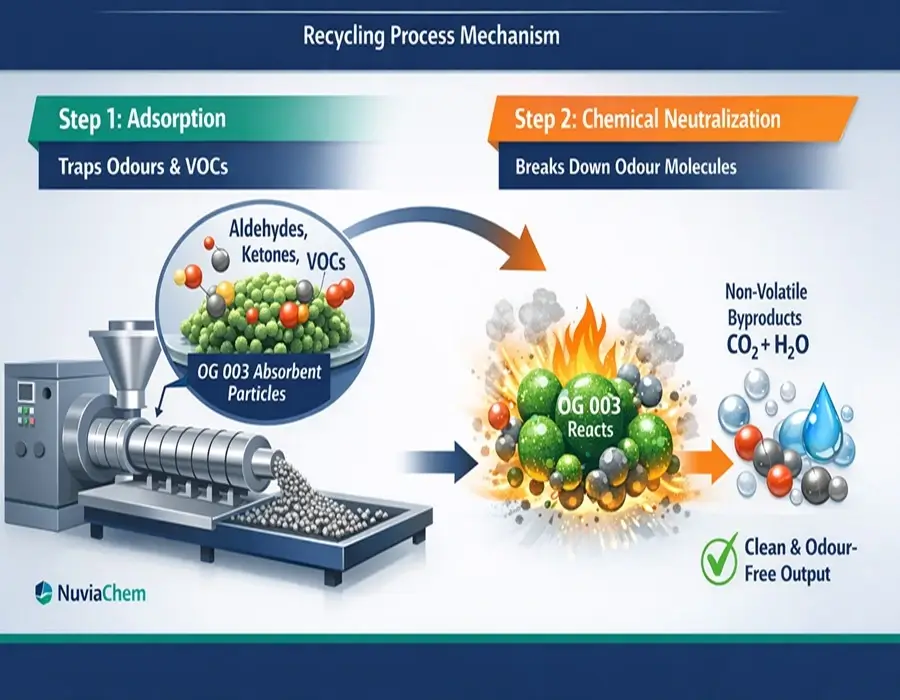 Odor removal masterbatch additive pellets chemically neutralizing volatile organic compounds VOCs in recycled plastic pellets and post-consumer PCR resins.