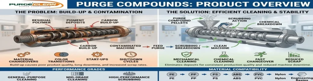 PurgeClean Industrial Plastic Purging Compounds products banner for high-efficiency manufacturing color changeovers and machinery cleaning. Plastic purging compounds PurgeClean https://nuviachem.com/purge-compounds/