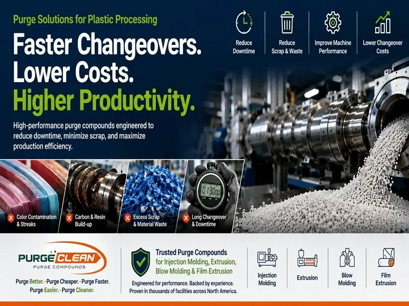 PurgeClean plastic purging compound solutions banner for reducing machine downtime, color bleeding contamination, and black specks removal troubleshooting.