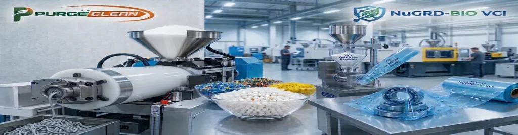 Industrial plastics manufacturing line featuring PurgeClean purging compounds in extrusion machinery and NuGRD-BIO VCI transparent blue anti-corrosion film packaging for metal corrosion protection.