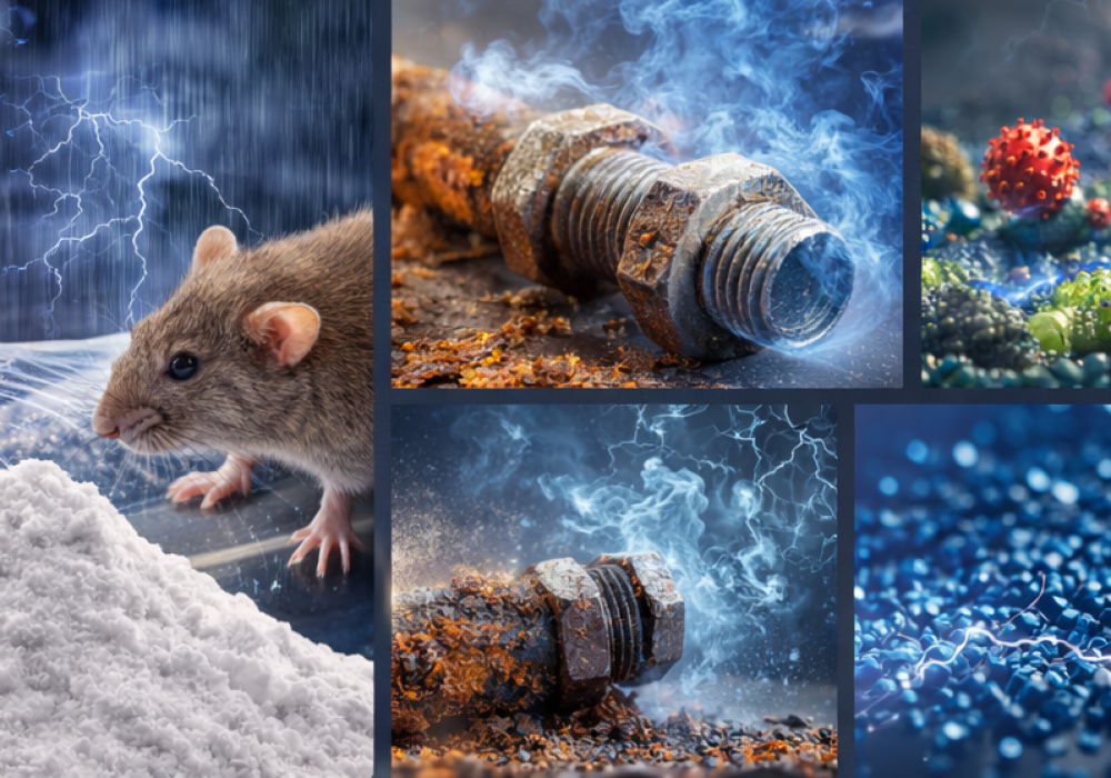 Three NuviaChem additive solutions: Antimicrobial for hygienic plastic items (TV remote, switch, food lid), VCI corrosion protection for metal parts in blue film, and Anti-Rodent Masterbatch defending cables, pipes, and bags from rats